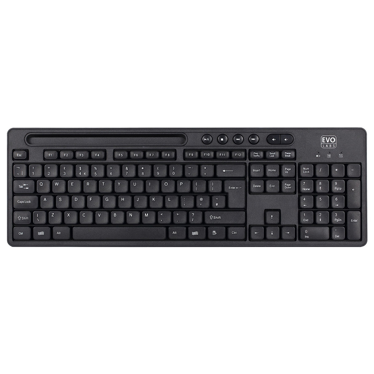Evo Labs WM-757UK Ensemble combiné clavier et souris sans fil, avec support intégré pour tablette/mobile/smartphone, clavier Qwerty UK pleine taille 2,4 GHz avec souris sans fil, idéal pour la maison/bureau, noir