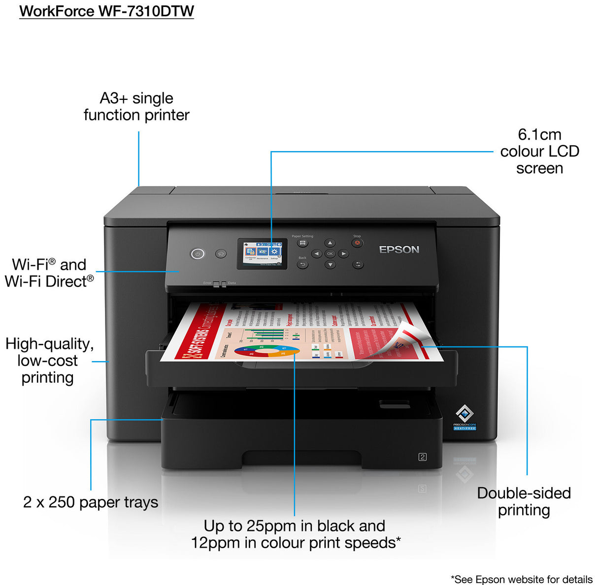 Imprimante jet d'encre Epson WorkForce Pro WF-7310DTWF C11CH70401, A3, double bac à papier, sans fil, Ethernet