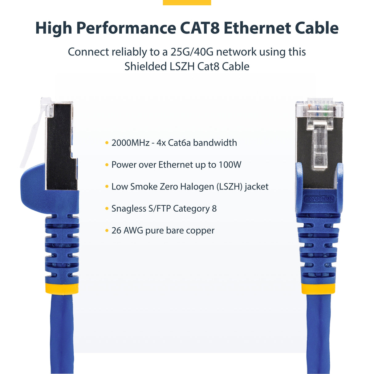 StarTech.com 50cm Blue CAT8 Ethernet Cable, Snagless RJ45, 25G/40G, 2000MHz, 100W PoE++, S/FTP, 26AWG Pure Bare Copper Wire, LSZH, Shielded Network Patch Cord w/Strain Reliefs, Fluke Channel Tested