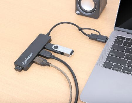 Manhattan USB-C & USB-A Combo Dock/Hub, Ports (4): USB-A (x4), 5 Gbps (USB 3.2 Gen1 aka USB 3.0), USB powered (no external power supply required)