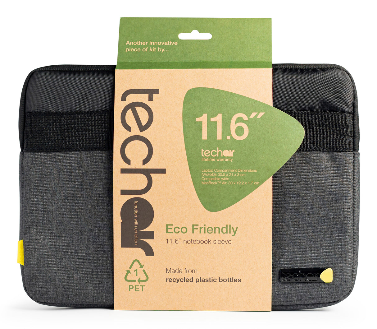 Techair TAECV007 Sustainable style for 11.6" laptops and Chromebooks. Made from recycled bottles, the Eco Sleeve pairs eco-friendly design with lifetime durability.