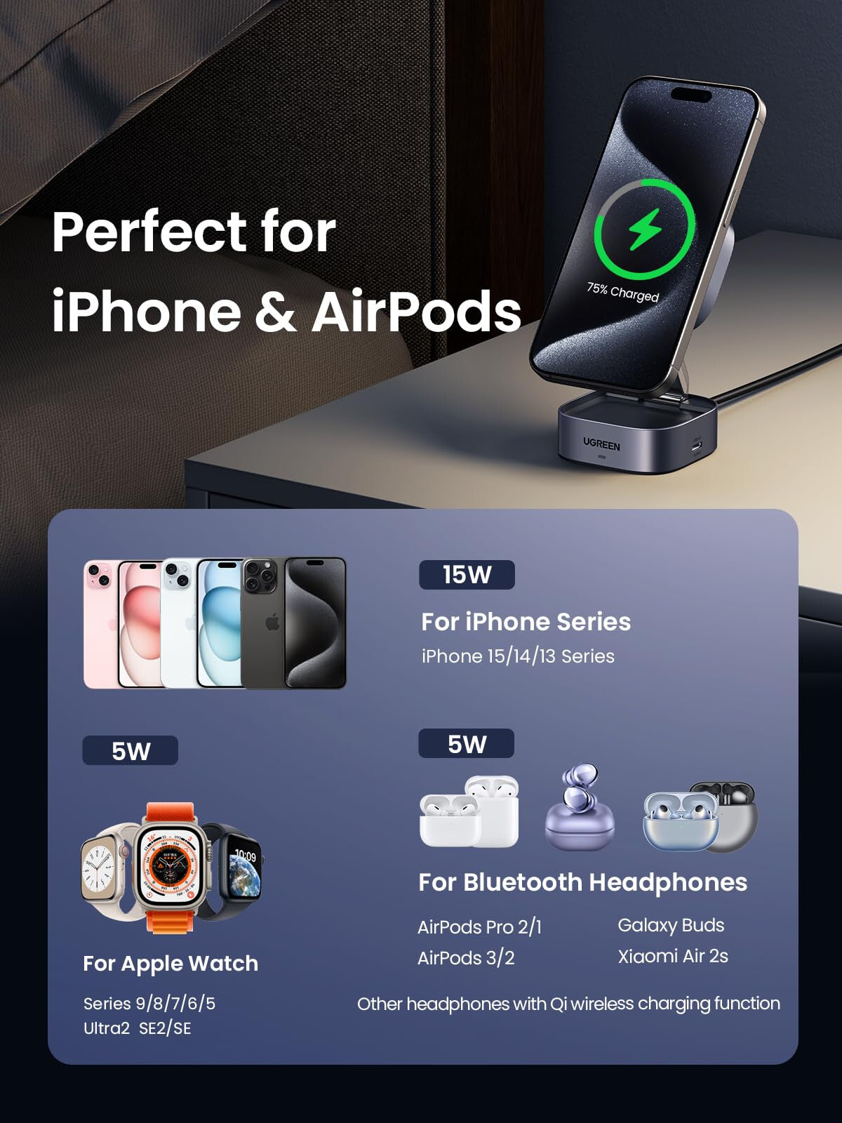 Ugreen 2-in-1 Qi2 Magnetic Foldable Charging Station (No AC Adapter)