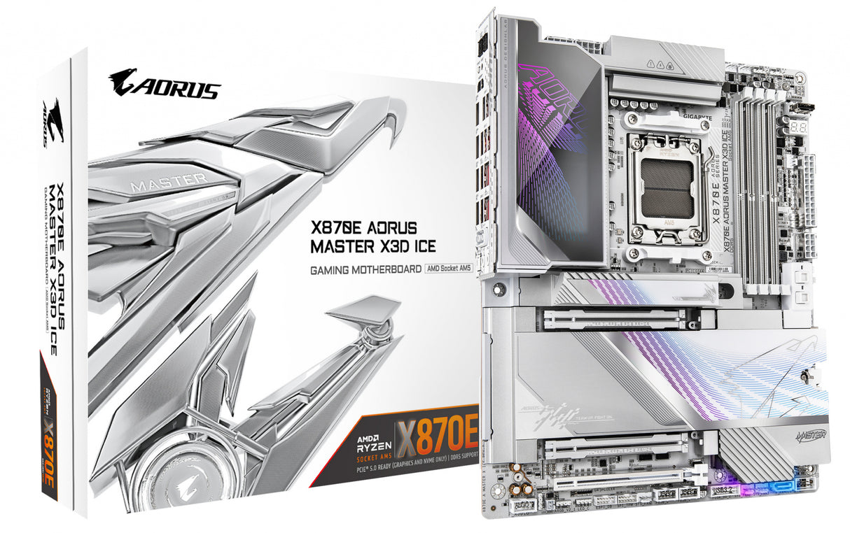 GIGABYTE X870E AORUS MASTER X3D ICE Motherboard - Supports AMD Ryzen 9000 CPUs, 18+2+2 Phases Digital VRM, up to 9000Hz DDR5 (OC), 2xPCIe 5.0 + 3xPCIe 4.0, Wi-Fi 7, 10GbE LAN, USB 4