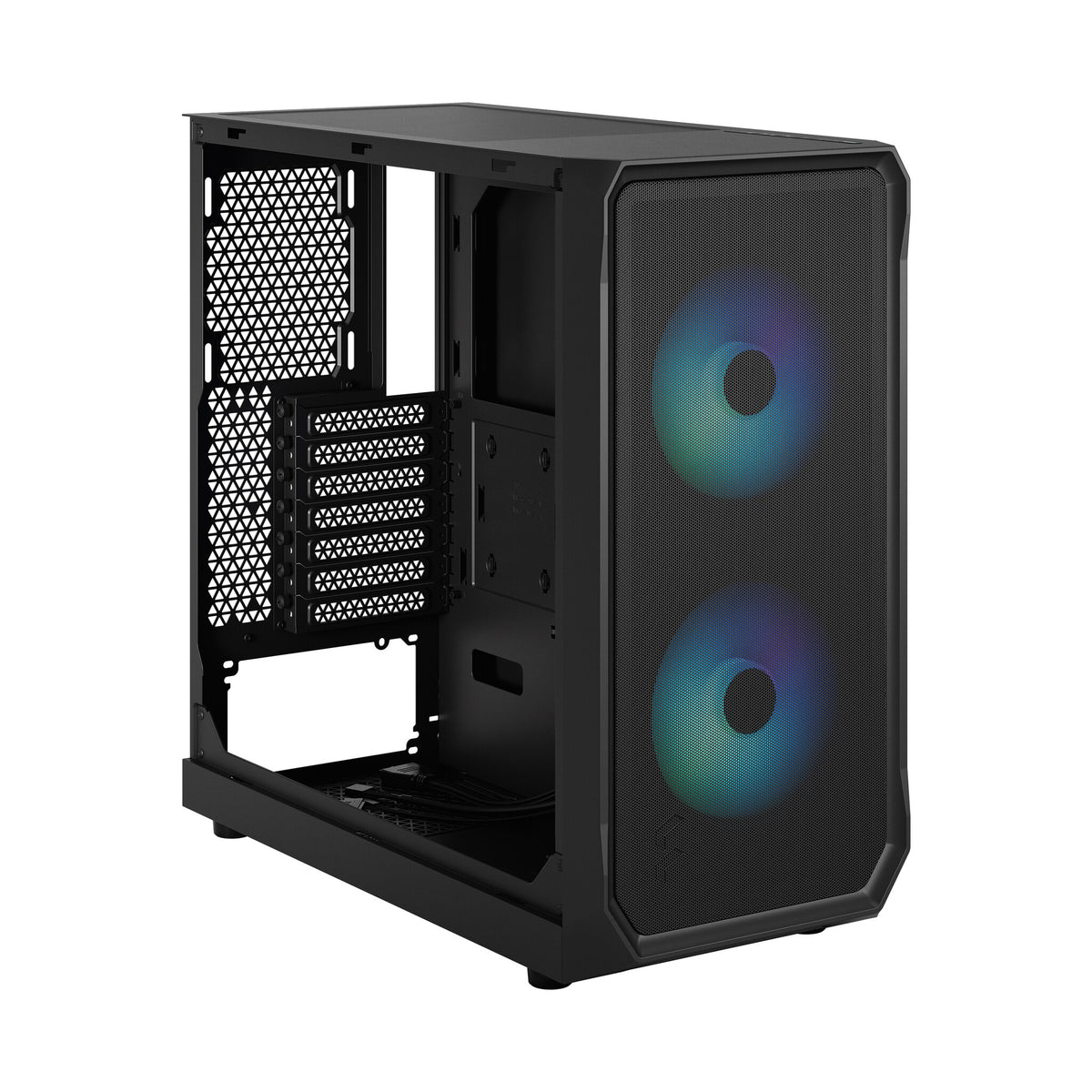 Fractal Design Focus 2 RGB (Black TG) Estuche para juegos con ventana de vidrio transparente, ATX, 2 ventiladores RGB, controlador RGB, frente de malla, innovador sistema de cubierta