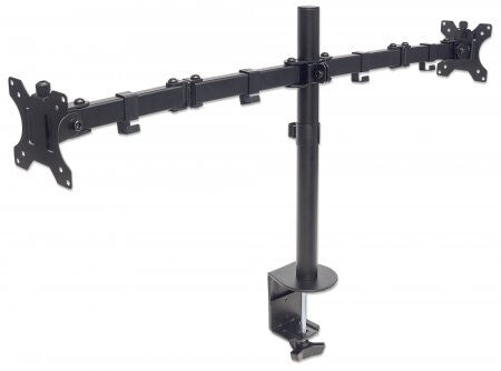 Manhattan Dual Desk Mount for TV & Monitors (Full Motion), For screens 10" to 27", Clamp Assembly, VESA compatability: 75x75 and 100x100mm - check the dimensions of the four mounting holes on back of screen to ensure it fits, Max 8kg (each), Black, Bracke
