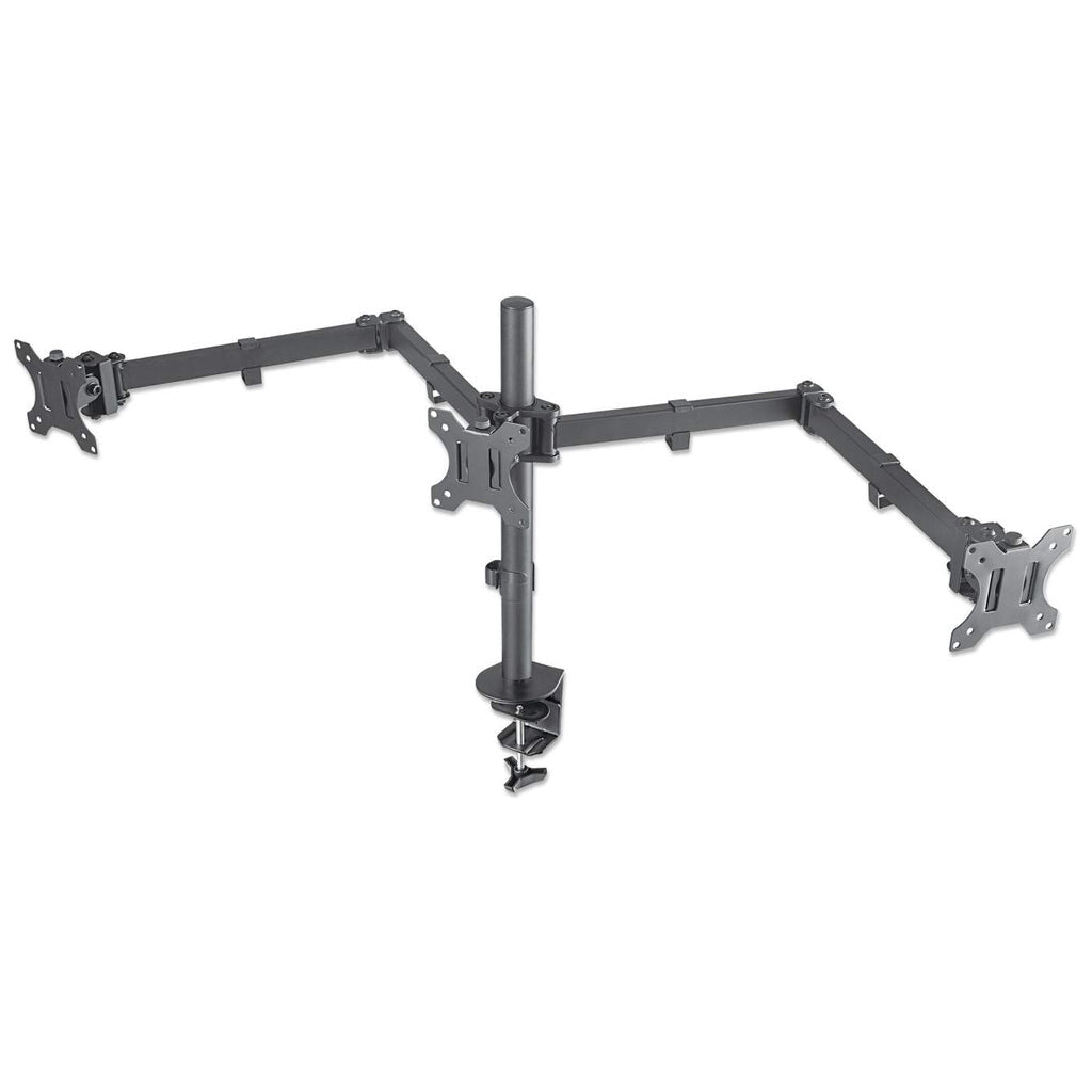 Manhattan Triple Desk Mount for TV & Monitors, For screens: 10" to 27", Clamp Assembly, VESA compatability: 75x75 and 100x100mm - check the dimensions of the four mounting holes on back of screen to ensure it fits, Max 7kg (each), Black, Bracket, Lifetime