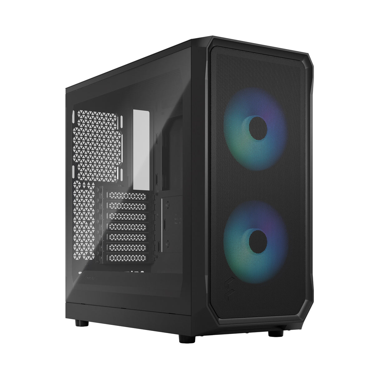 Fractal Design Focus 2 RGB (Black TG) Boîtier de jeu avec fenêtre en verre transparent, ATX, 2 ventilateurs RVB, contrôleur RVB, façade en maille, système de carénage innovant