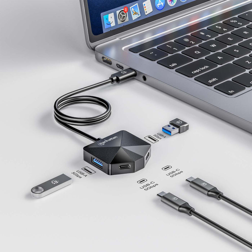Manhattan USB-C & USB-A Combo Dock/Hub, Ports (4): USB-A (x2) and USB-C (x2), 5 Gbps (USB 3.2 Gen1 aka USB 3.0), Angled Shape for Easy Port Access, USB powered (no external power supply required)