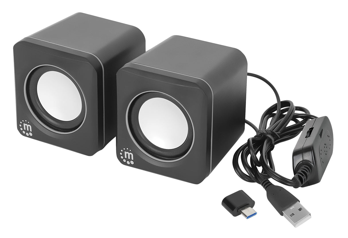Manhattan 2600 Series Speaker System, Two Speakers, Black/Silver, USB for Stereo Audio and Power, Output: 2x 3W, Decent Sound, Integrated rotary volume control, USB-C/USB-A Adapter, Cable 1.4m, Three Year Warranty