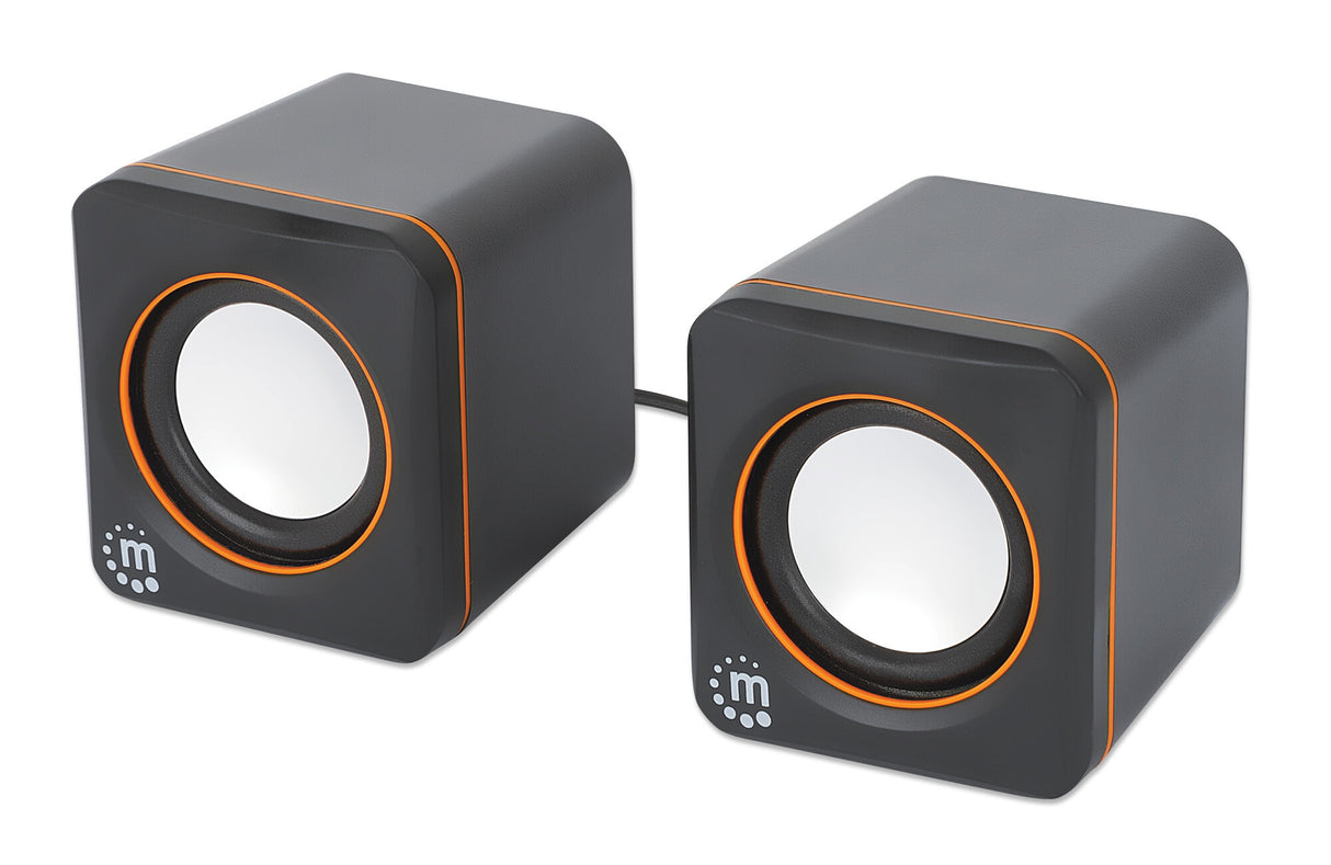 Manhattan 2600 Series Speaker System, Two Speakers, Black/Orange, USB for Stereo Audio and Power, Output: 2x 3W, Decent Sound, Integrated rotary volume control, USB-C/USB-A Adapter, Cable 1.4m, Three Year Warranty