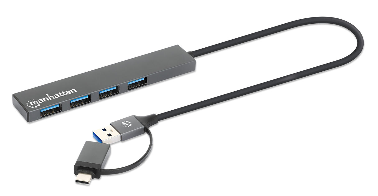 Manhattan USB-C & USB-A Combo Dock/Hub, Ports (4): USB-A (x4), 5 Gbps (USB 3.2 Gen1 aka USB 3.0), USB powered (no external power supply required), Cable 25cm