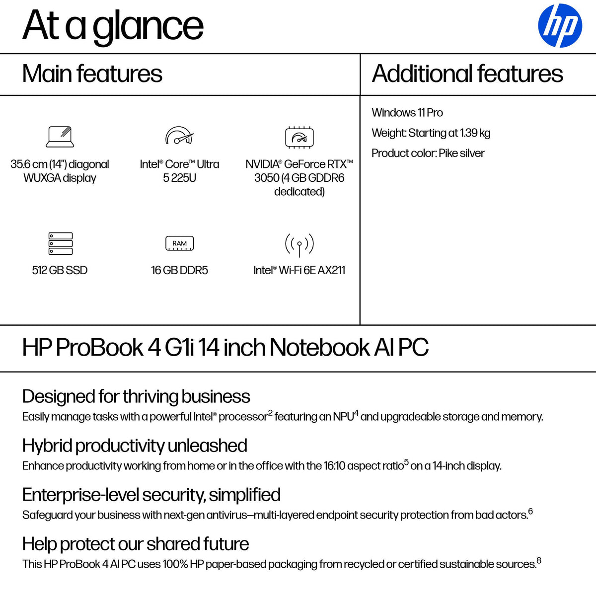 HP ProBook 4 14 G1i AI Intel Core Ultra 5 225U Laptop 35.6 cm (14") WUXGA 16 GB DDR5-SDRAM 512 GB SSD Wi-Fi 6E (802.11ax) Windows 11 Pro AI PC Silver