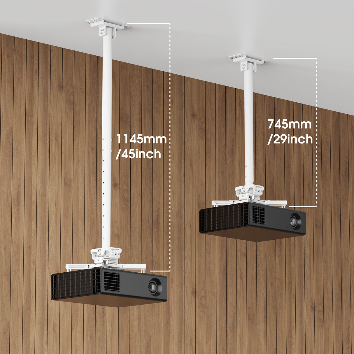 Manhattan Projector Mount, Ceiling, Universal, Full Motion, Height Range: 745 to 1145mm, Max 35kg, White, 360° rotation, +/-20° Tilt, and +/-8° Swivel, Lifetime Warranty
