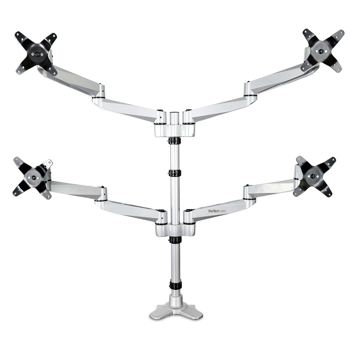 StarTech.com Desk Mount Quad Monitor Arm – Premium Articulating VESA 4 Monitor Mount 2x2 up to 30" – Ergonomic Height Adjustable Pole Mount - Tilt/Swivel/Rotate - C-Clamp/Grommet - Silver