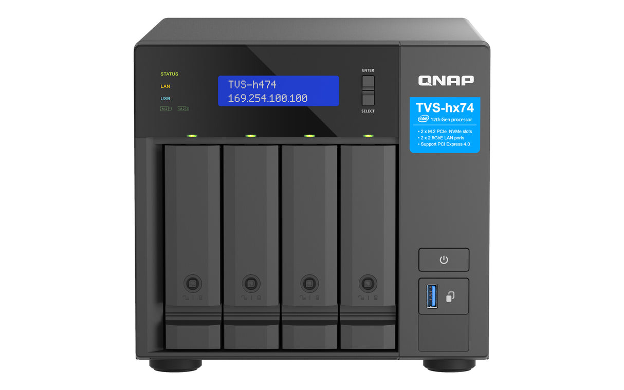 QNAP TVS-H474 NAS Tower Intel® Pentium® G7400 8 GB DDR4 0 TB QuTS hero Black