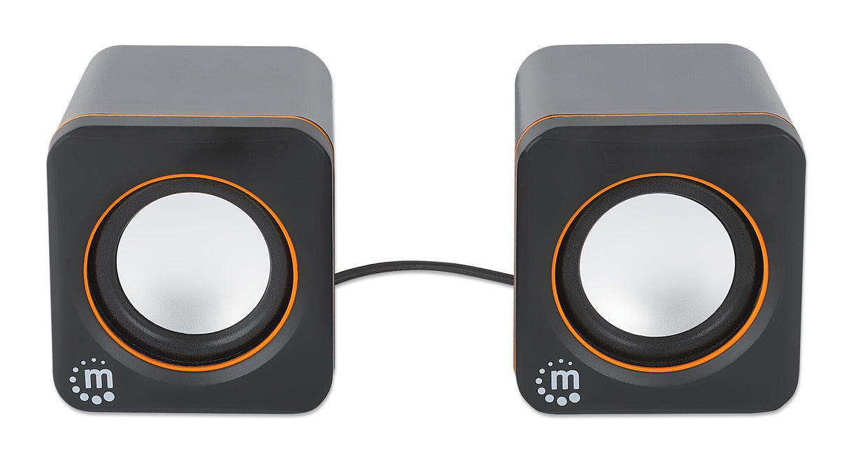 Manhattan 2600 Series Speaker System, Two Speakers, Black/Orange, USB for Stereo Audio and Power, Output: 2x 3W, Decent Sound, Integrated rotary volume control, USB-C/USB-A Adapter, Cable 1.4m, Three Year Warranty