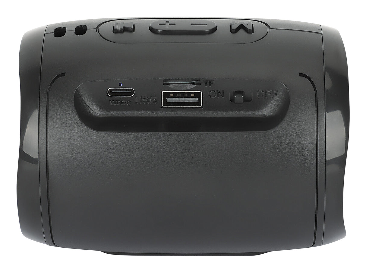 Manhattan Mini Boombox Bluetooth Speaker, Integrated Controls, Microphone, Up to 4 hours Playback time, Range 10m, microSD card reader (32GB), USB-A port for MP3, Output decent 5W, USB-C/USB-A charging cable (30cm) incl, 800mAH battery, Bluetooth v5.3, Bl