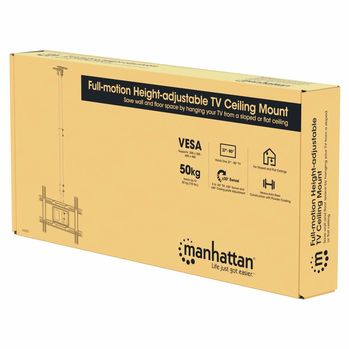 Manhattan Ceiling Mount for TV & Monitors, For screens: 37" to 65", Adjustable height: 70-157 cm, VESA compatability: all between 200x200 to 600x400mm - check the dimensions of the four mounting holes on back of screen to ensure it fits, Max 50kg, LFD, Br