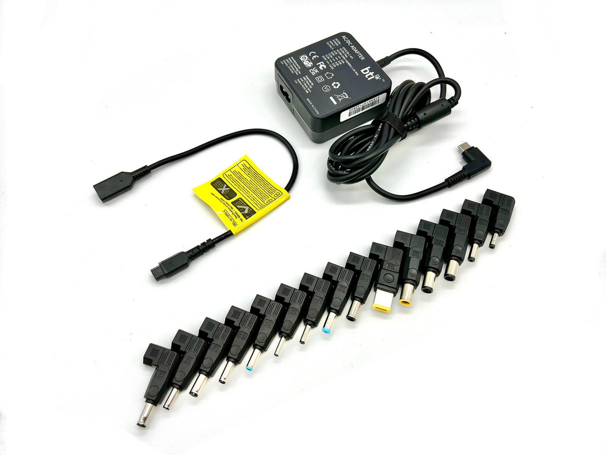 BTI 65W Universal AC Adapter for HP/Dell/Lenovo/Asus/Acer/Sony/Toshiba/Fujitsu/Samsung etc. Includes USB-C connector as well as 15 additional options to power a wide range of the most popular laptops. EU power cable also provided