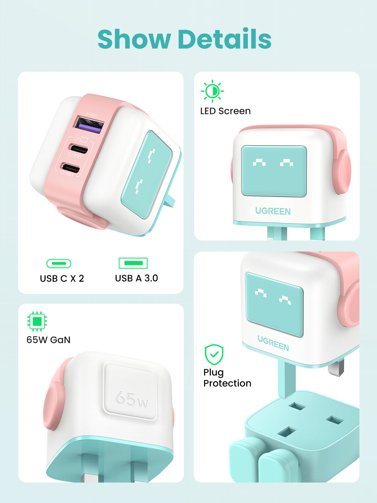 Ugreen USB-A+2C 65W UNO GAN CHARGER Mobile computer, Mobile phone, Laptop, Power bank, Tablet, Watch, Wearables AC, Lightning, USB Indoor