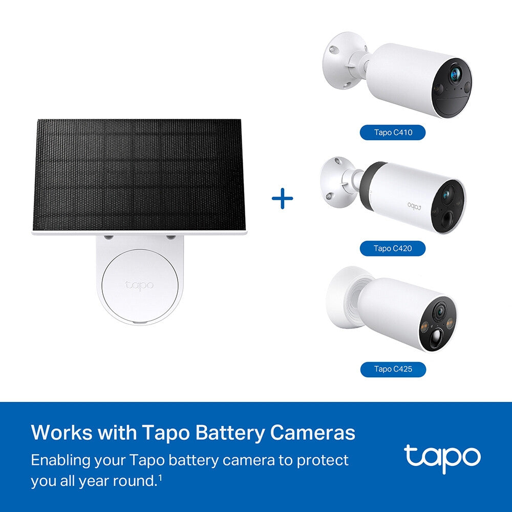 TP-Link Tapo Solar Panel SPEC: 5.2V 2.5W FEATURE: Type-C Charging Port, Non-Stop Power, Flexible Solar Installation, Works with Battery Camera, 4m Charging Cable(Total), Weatherproof (IP65)