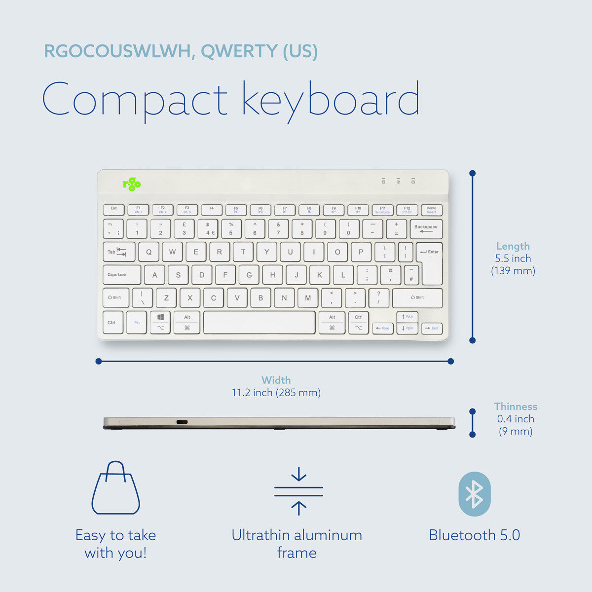 R-Go Tools Ergonomic keyboard R-Go Compact Break, compact keyboard with break software, QWERTY (UK), Bluetooth, white