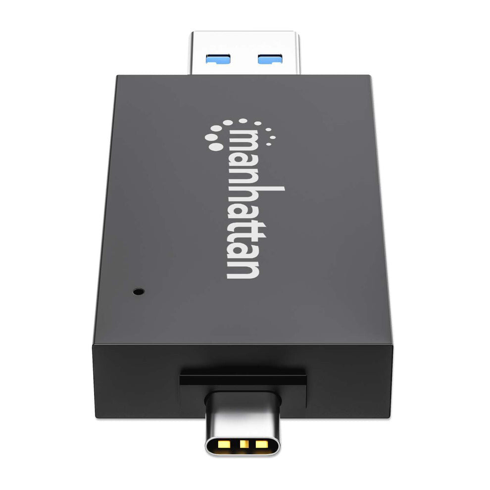 Manhattan USB-A / USB-C combo Multi-Card Reader/Writer, 5 Gbps (USB 3.2 Gen1 aka USB 3.0), Male to microSD and SD/MMC Slots, Mini Format, SuperSpeed USB, Windows or Mac, Black/Transparent, Three Year Warranty
