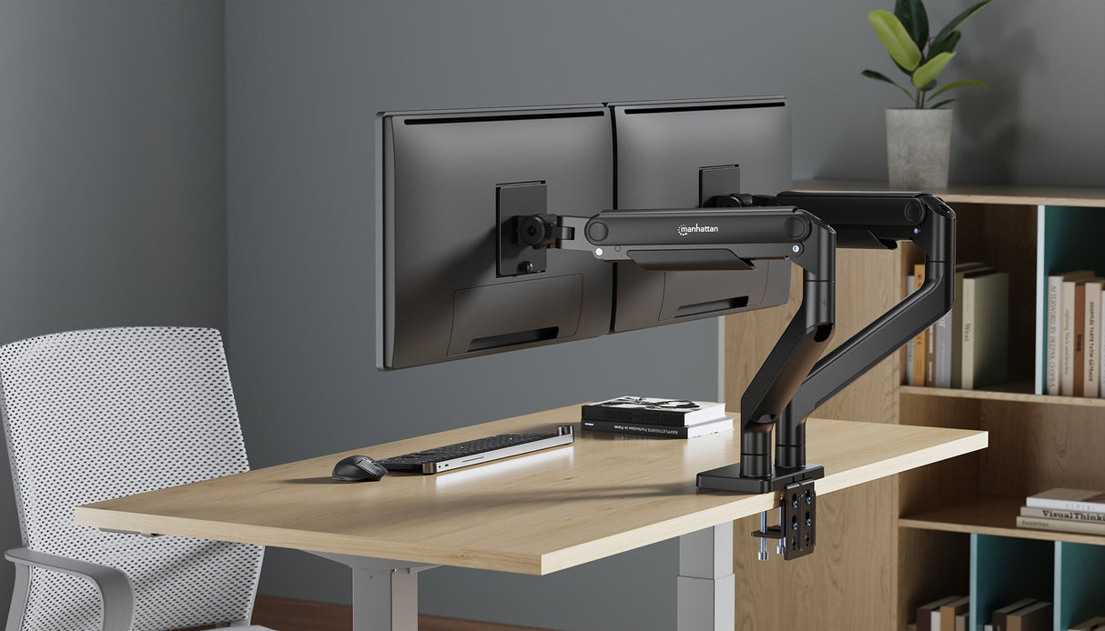 Manhattan Dual Desk Mount for TV & Monitor Mounts (Full Motion Spring), For screens 13" to 45", Clamp or Grommet Assembly, VESA compatability: 75x75 and 100x100mm - check the dimensions of the four mounting holes on back of screen to ensure it fits, Max 2
