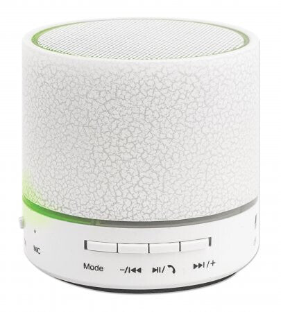 Manhattan LED Bluetooth Speaker, Multicoloured, 5 hour Playback time, Range 10m, microSD card reader (32GB), Aux 3.5mm connector, Output 3W, USB-A charging cable included, 1200mAH battery, Bluetooth v5, White, Three Year Warranty
