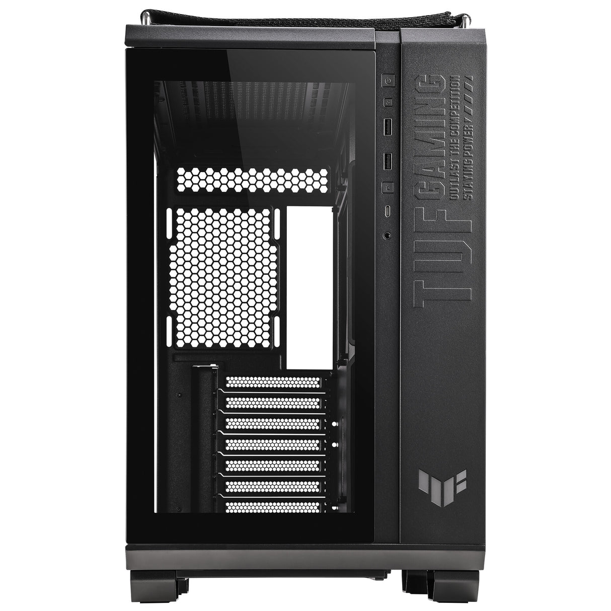Asus TUF Gaming GT502 Boîtier avec fenêtre avant et latérale en verre, ATX, double chambre, conception modulaire, bouton de commande LED, USB-C, poignées de transport, noir