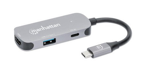 Manhattan USB-C Dock/Hub, Ports (x3): HDMI, USB-A and USB-C, with Power Delivery (PD) 100W- requires external USB-C charger (not included). USB powered (no external power supply required) when PD is not in use, Aluminium
