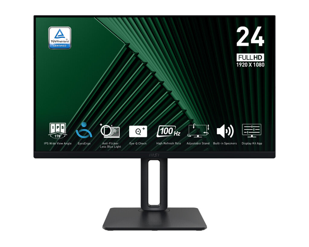MSI Pro MP245PG 24 Inch Monitor, FHD (1920 x 1080), 100Hz, IPS, 1ms, 1x HDMI 1.4b, 1x DP 1.2a output, 1x D-Sub(VGA), Built-in Speakers, Anti-Glare, Anti-Flicker, Less Blue light, TÜV Certified, VESA, Kensington, 4-way adjustable stand, Black