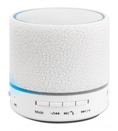 Manhattan LED Bluetooth Speaker, Multicoloured, 5 hour Playback time, Range 10m, microSD card reader (32GB), Aux 3.5mm connector, Output 3W, USB-A charging cable included, 1200mAH battery, Bluetooth v5, White, Three Year Warranty