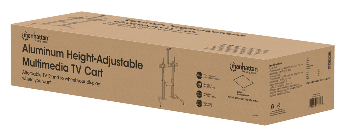 Manhattan Trolley Mount Stand for TV & Monitors, For screens: 37" to 100",VESA compatibility:all between 200x200 to 1000x600mm -check the dimensions of the four mounting holes on back of screen to ensure it fits,Max 80kg,Height adjustable 1200 to 1600mm,L