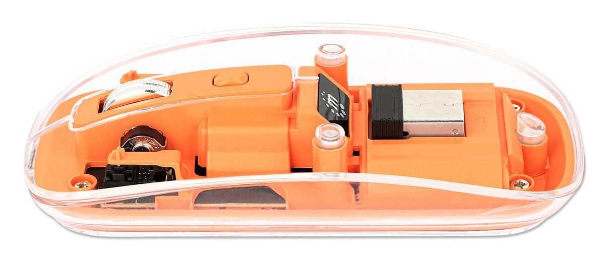 Manhattan Transparent Rechargeable Wireless Mouse, Clear/Orange, Adjustable 800/1200/1600dpi, With RGB LED light, 2.4Ghz (effective range up to 10m), USB, Optical, Ambidextrous, Four Button with Scroll Wheel, Slim Design, USB-A micro receiver, Lithium Ion