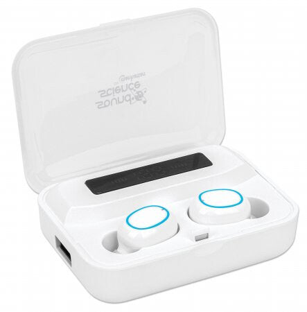 Manhattan Bluetooth Earphones, White, Microphone, Integrated Controls, Sweatproof, Noise Isolating, 5 hour usage time, Max Range 10m, Charging Case with Powerbank (1200mAh), Bluetooth v5.0, USB-A charging cable included, 3 Year Warranty