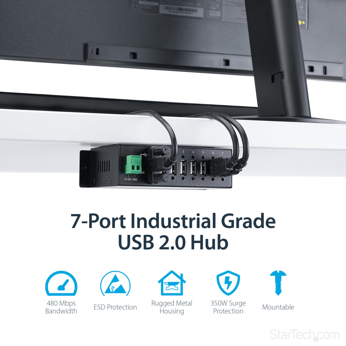 StarTech.com 7-Port USB 2.0 Hub - Metal Industrial USB-A Hub with ESD Protection & 350W Surge Protection - Din Rail, Wall or Desk Mountable - TAA Compliant USB Expander Hub