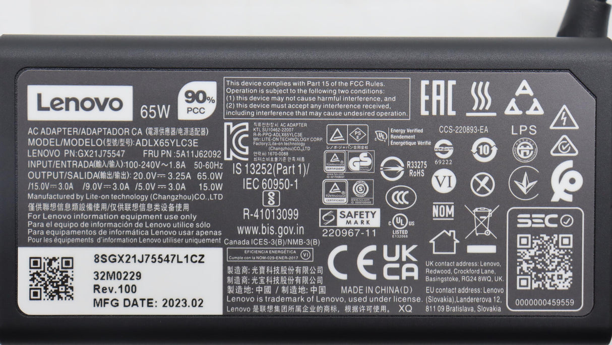 Lenovo 5A11J62092 power adapter/inverter Indoor 65 W Black