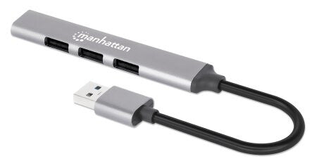 Manhattan USB-A 4-Port Hub, 4x USB-A Ports (1x 5 Gbps USB 3.2 Gen1 aka USB 3.0, 3 x 480 Mbps USB 2.0), USB powered (no external power supply required), Aluminium