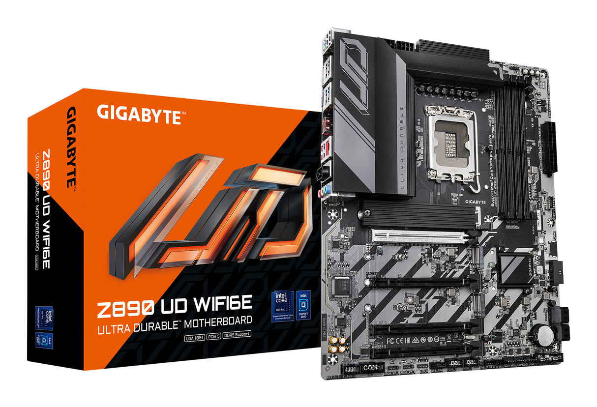 GIGABYTE Z890 UD WIFI6E Motherboard - Supports Intel Core Ultra (Series 2) CPUs, 12+1+2 phases VRM, up to 8800MHz DDR5 (OC), 1xPCIe 5.0 + 2xPCIe 4.0, Wi-Fi 6E, 2.5GbE LAN, USB 4