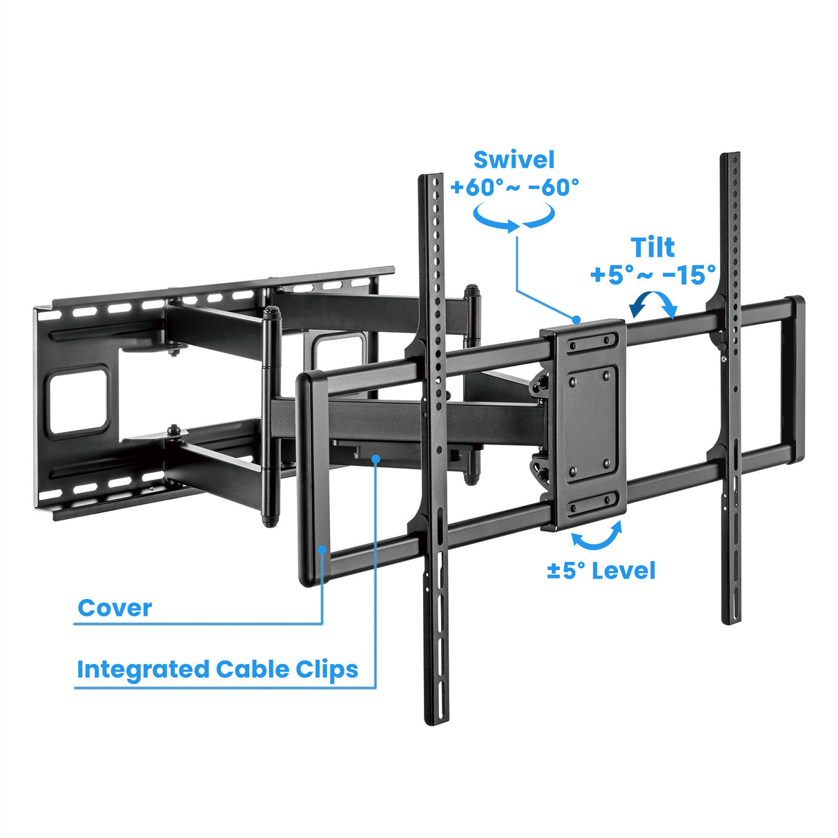 Manhattan Wall Mount for TV & Monitors (Full Motion), For screens 37" to 120", VESA compatability: all between 200x200mm and 900x600mm - check the dimensions of the four mounting holes on back of screen to ensure it fits, Max 120kg, Black, Bracket, Lifeti