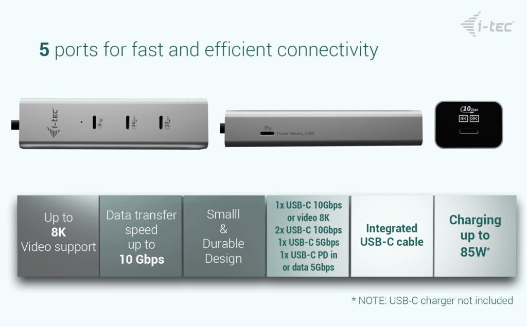 i-tec Metal USB-C Charging HUB 5port with USB-C video 8K + Power Delivery 85W