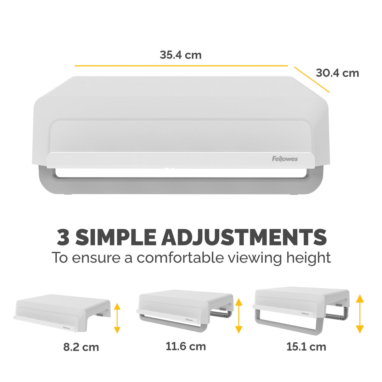 Fellowes Computer Monitor Stand with 3 Height Adjustments - Breyta Monitor Riser with Cable Management - Ergonomic Adjustable Monitor Stand for Computers - Max Weight 15KG - White