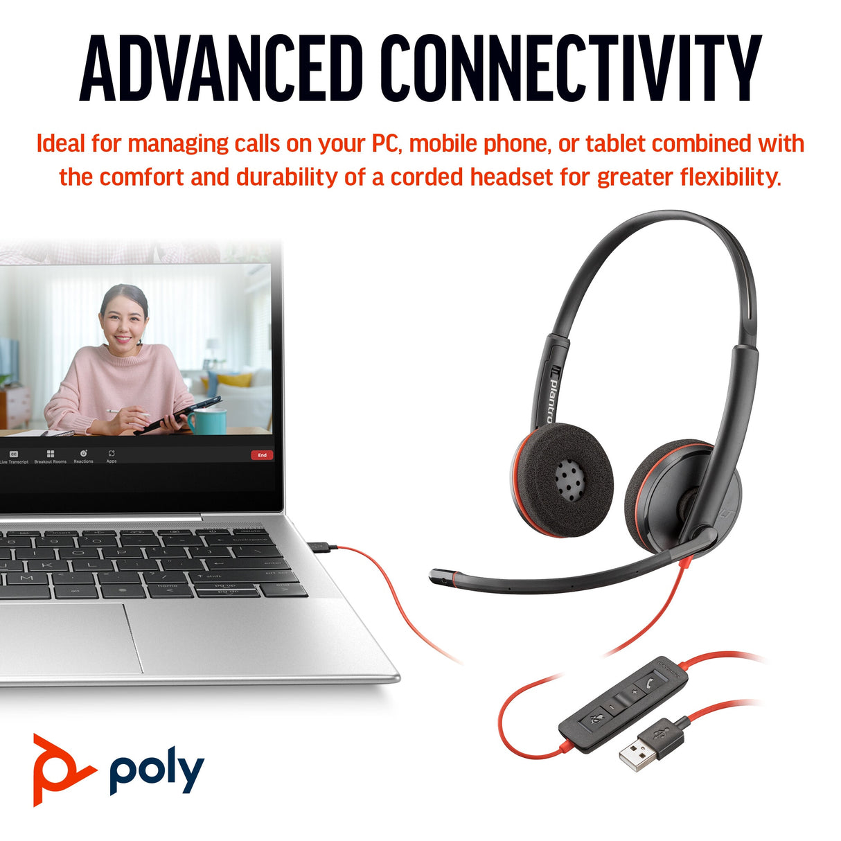 POLY Blackwire 3220 Stereo USB-C Headset +USB-C/A Adapter