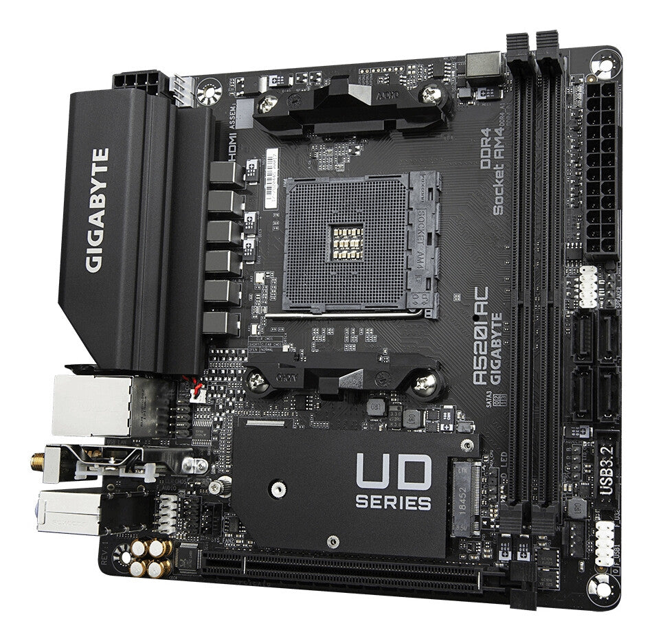 GIGABYTE A520I AC Motherboard - Supports AMD Ryzen 5000 Series AM4 CPUs, 6 Phases Digital VRM, up to 5300MHz DDR4 (OC), 1xPCIe 3.0 M.2, WIFI, GbE LAN, USB 3.2 Gen1