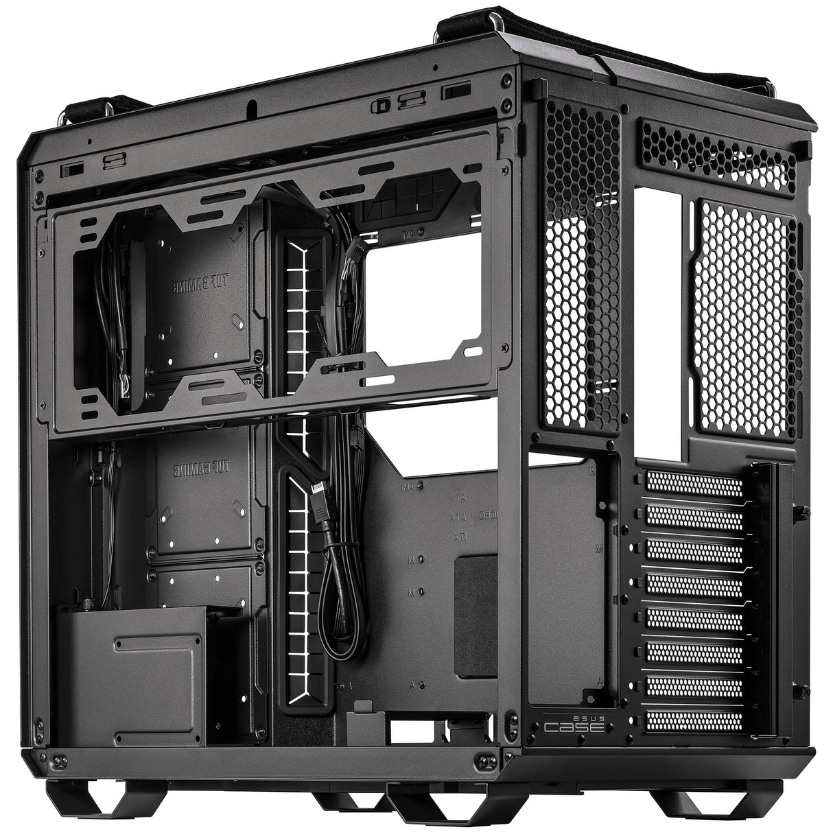 Asus TUF Gaming GT502 Boîtier avec fenêtre avant et latérale en verre, ATX, double chambre, conception modulaire, bouton de commande LED, USB-C, poignées de transport, noir