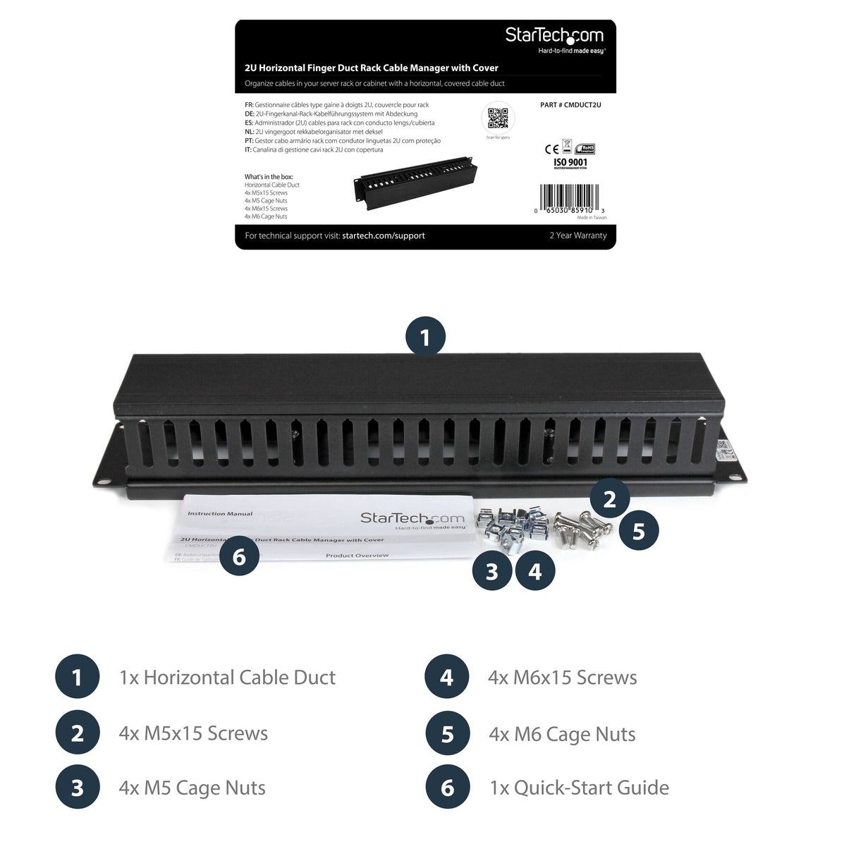 StarTech.com Horizontal 2U Server Rack Cable Management Finger Duct w/ Cover - 19" Network Rack Wire Duct Raceway Panel - Slotted Wire Duct