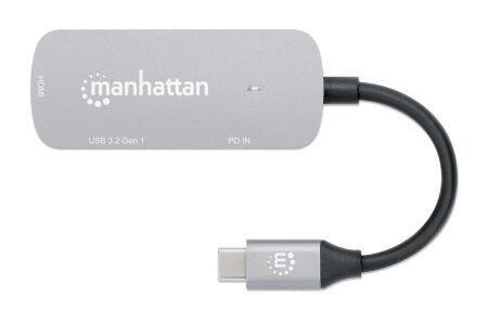 Manhattan USB-C Dock/Hub, Ports (x3): HDMI, USB-A and USB-C, with Power Delivery (PD) 100W- requires external USB-C charger (not included). USB powered (no external power supply required) when PD is not in use, Aluminium