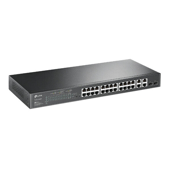 TP-LINK (T1500-28PCT) Conmutador PoE inteligente de 24 puertos, 24 x 10/100Mbps PoE+ de 4 puertos Gigabit, 2 ranuras SFP GB combinadas, montable en bastidor