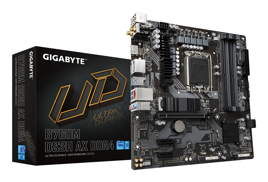 Placa base Gigabyte B760M DS3H AX DDR4, Intel Socket 1700, 12.ª/13.ª generación, 1 PCIe 4.0 x16, 2 PCIe 4.0 M.2, Micro ATX, USB tipo C, LAN 2,5 GbE, Wi-Fi 6E 802.11ax, HDMI, DisplayPort, ventilador inteligente 6, Q-Flash Plus